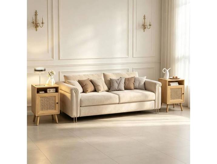 WUVRIE Lot de 2 tables de chevet compactes en MDF panneaux de particules et rotin naturel