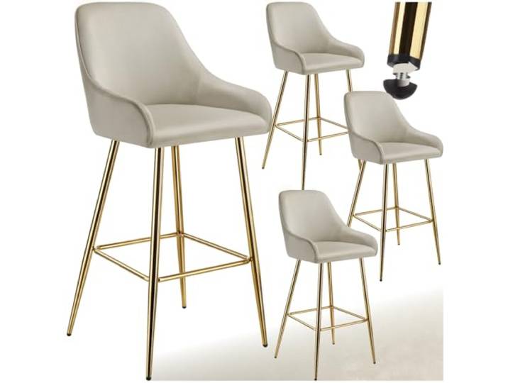 tectake® Barhocker mit Lehne, Barhocker Samt Stuhl, Sitzhocker mit Fußstütze, Bar Stool, Schalenstuhl Hocker mit Lehne, Tresenhocker, Tresenstuhl, Barstuhl mit Lehne - Samt Creme/Gold, 4er Set