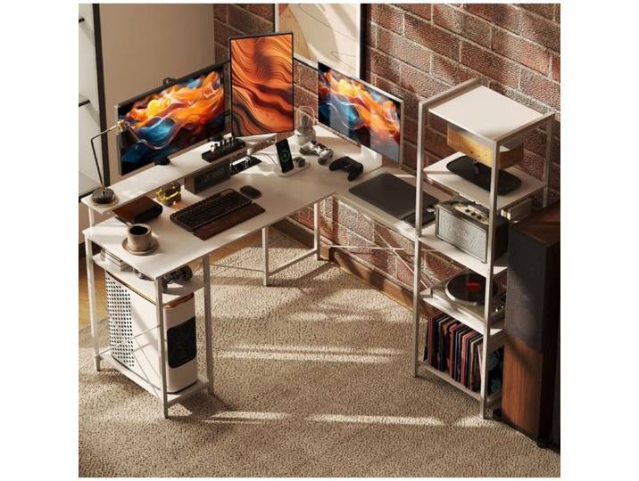 JOINERY bureau angle gaming rangement étagère support écran prise USB USB C bureau informatique en L blanc 137 x 140 x 139 5 cm