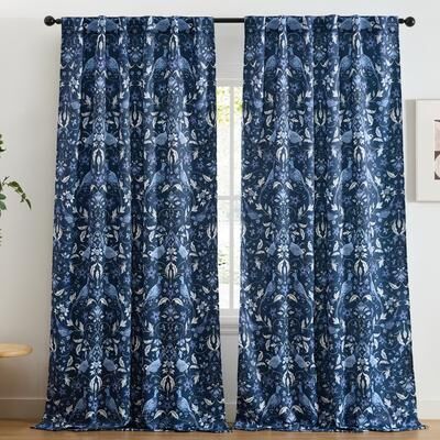 HLC.ME Florence Floral & Birds Window Back Tab Rod Pocket Curtains - Light Blocking Darkening Window Panels, Set of 2