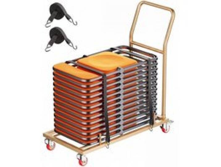 VEVOR Klappstuhlwagen für 25 Stühle Horizontal Stuhlständer 136kg L-förmig, Stuhlkarre zur Lagerung & Transport für Veranstaltungen, Kohlenstoffstahl, Schwenkräder mit Bremsen, mit Griff, Goldbraun