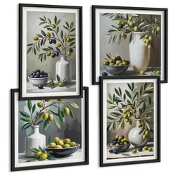 BILDER SET 4er Set - 50x50 cm & 40x60 cm Schwarzer Rahmen - Oliven in Keramikgrau