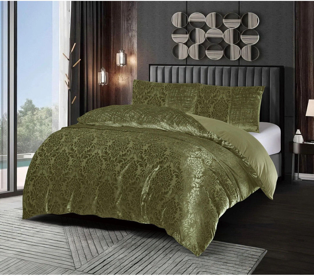 icon bedding Damask Jacquard Duvet Cover 3 Piece Velvet Bedding Set With Matching Pillowcases Green Super King Duvet Cover + 2 Standard Pillowcases