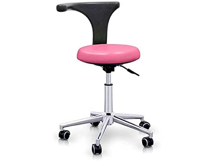 Quirumed Hocker mit professioneller ergonomischer Rückenlehne, rosa Farbe, Edelstahlstruktur, Kunstleder, Basis mit Rädern, höhenverstellbarer Sitz, bis zu 120 kg