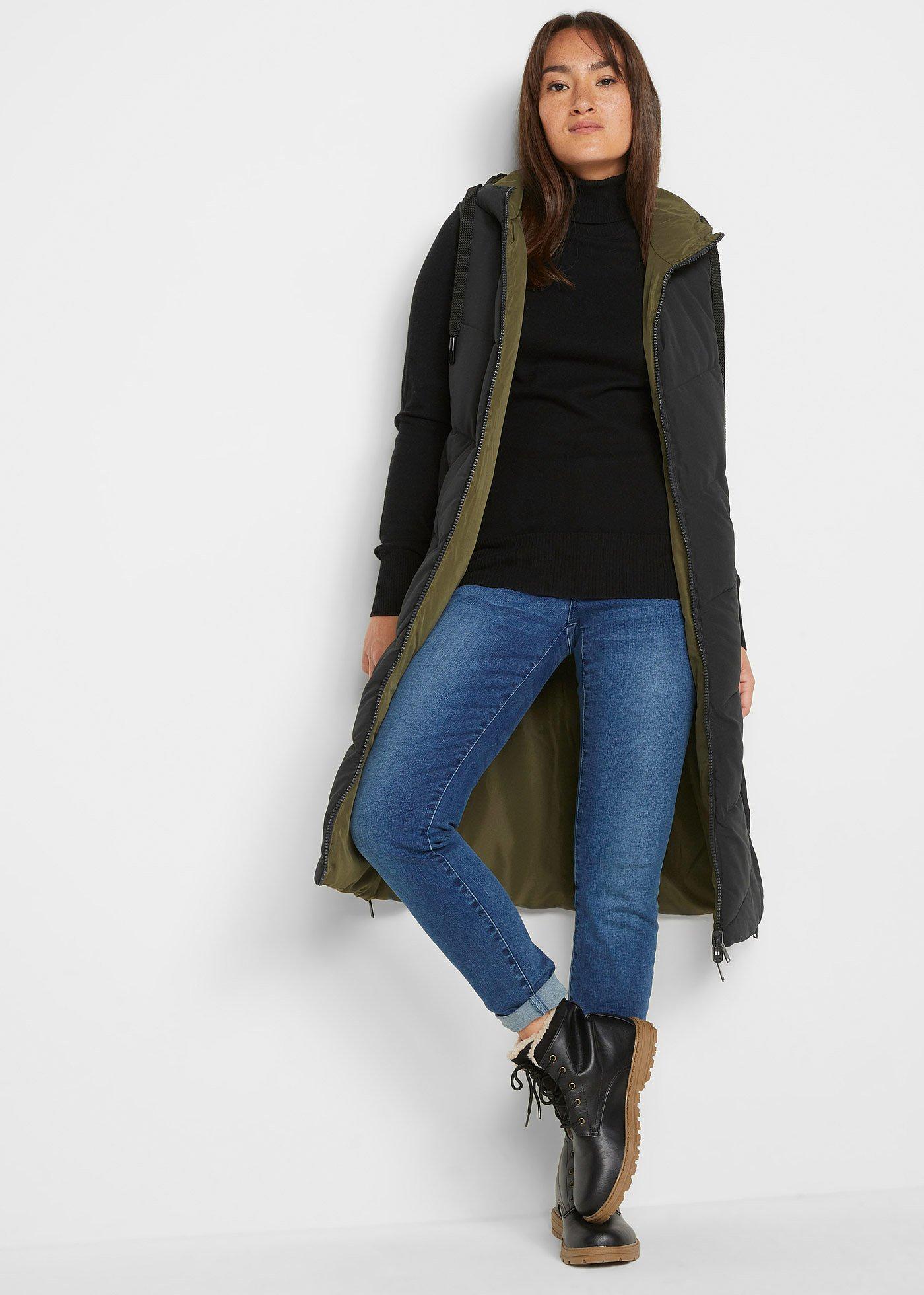 bonprix Wende-Steppweste aus recyceltem Polyester mit Kapuze, schwarz, Gr.50, Oversize Steppweste zum Wenden mit Kapuze