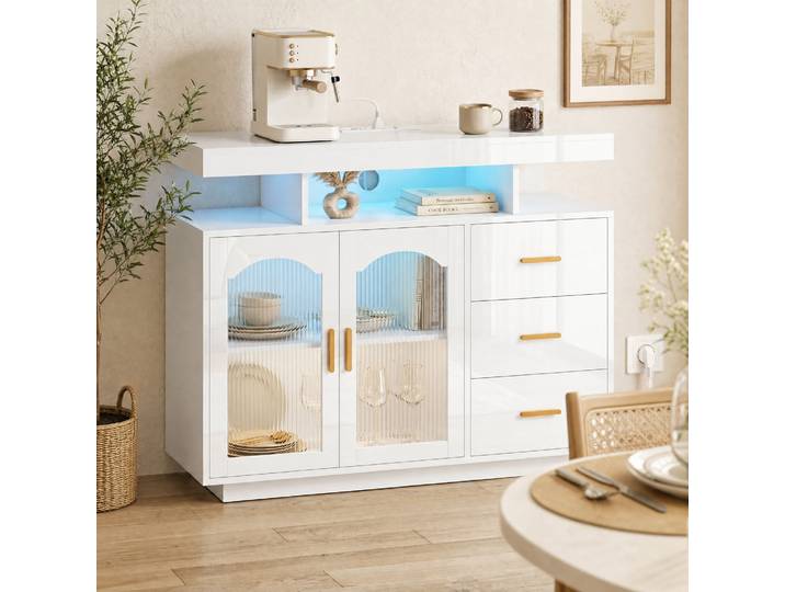 HOMCOM Buffet Blanc Brillant LED RGB 3 Tiroirs 2 Portes 100x80 cm