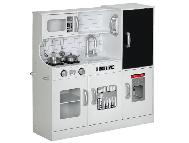 Aiyaplay Jouet Cuisine Cuisine pour Enfants + 3 Ans Cuisine Enfant en Bois avec Accessoires de Cuisine Tableau Noir Machine à Glaçons et Téléphone 83.8X26.8X81 cm Blanc