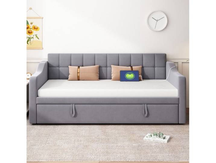 ROVRYN Banquette-lit extensible 90 x 190 cm en velours gris ports USB poche de rangement