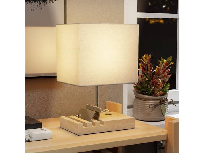 HOMCOM Lampe Table Bois USB Ports Abat-jour Tissu Blanc