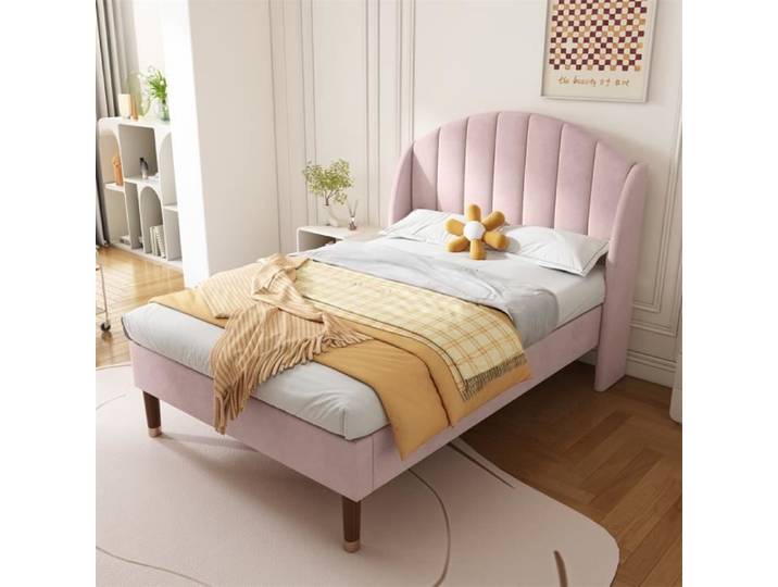 DRIPEX Lit rembourré en velours rose 90×200 cm avec sommier à lattes Lit simple avec tête de lit pour adolescents enfants Rose