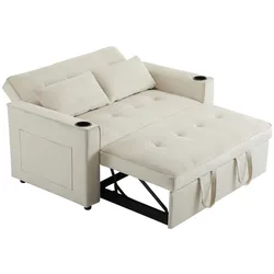 OKWISH Klappbares Schlafsofa 137x163 cm aus Samt – 3-in-1 Multifunktionssofa mit Getränkehaltern, Kissen und verstellbarer Rückenlehne Beige