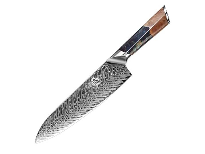 MITSUMOTO SAKARI 21 cm Santoku Messer, Japanisches Damaststahl Küchenmesser Professionell Handgeschmiedetes Japanisches Küchenmesser, VG10-Stahlkern, Griff aus Rosenholz und Exquisite Holzkiste