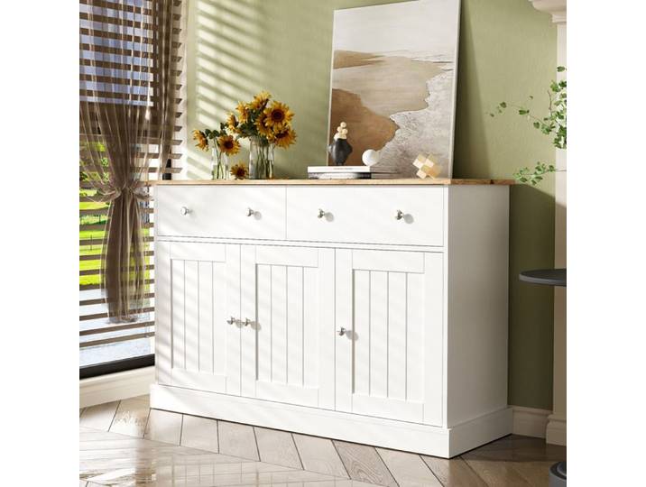 Buffet meuble de salon avec texture gravée grand espace de rangement avec 3 Portes et 2 Tiroirs 120x36x80.5cm Blanc