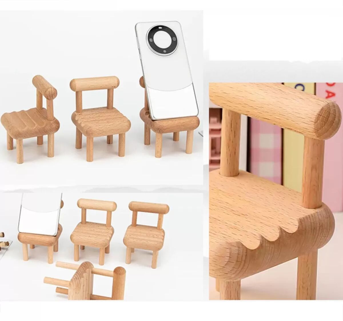 INF Support téléphone en bois de hêtre en forme de chaise - Dock smartphone multiface, angles réglables, surface polie, 12cm x