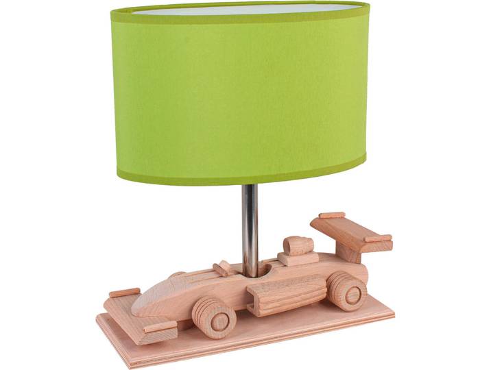 Kindertischleuchte Rennwagen, Grün, Naturfarben, Holz, Auto, 14x27x32 cm, Lampen & Leuchten, Innenbeleuchtung, Kinderzimmerlampen, Kindertischleuchten