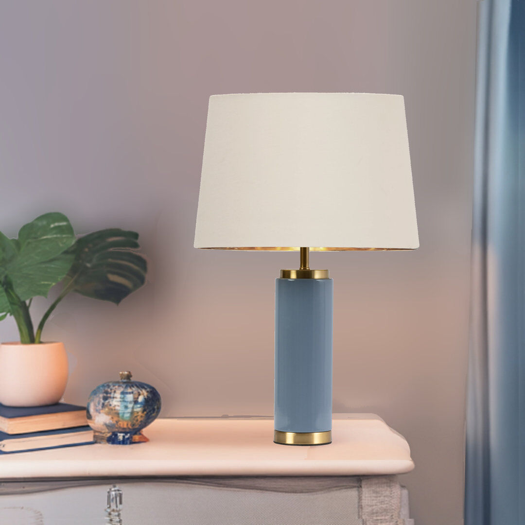 17 Stories Cylinder 55cm Metal Ceramic look Table Lamp Ivory/Blue 56cm H X 35cm W X 35cm D