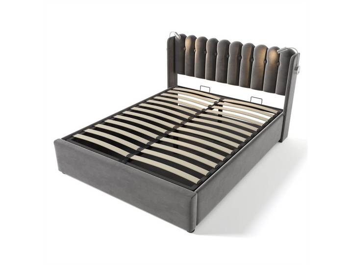 Komhtom Polsterbett 160/200 cm in Grau Samt, Mode, 160x200 cm, Schlafzimmer, Betten, Polsterbetten