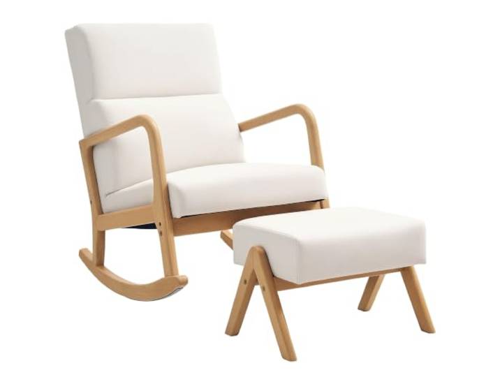 HOMCOM Schaukelstuhl mit Hocker Schaukelsessel mit Leinenoptik Cremeweiß Schwingsessel, Polstersessel, Sessel, für Wohnzimmer, Schlafzimmer