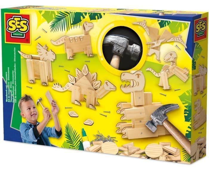 SES Creative Woodworking Kit Dinosaurs met spijkers en lijm