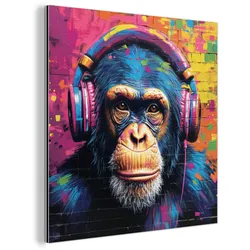 METALLBILD Graffiti - Schimpanse - Straßenkunst - Kopfhörer - Affe 90x90 cm