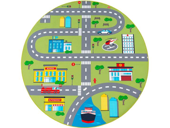 Kinderteppich PACO HOME Bino 570 , grün, H:4mm Ø:160cm, Polyester, Teppiche, Kinderteppich, Kurzflor, Straßen-Spiel-Teppich, Kinderzimmer
