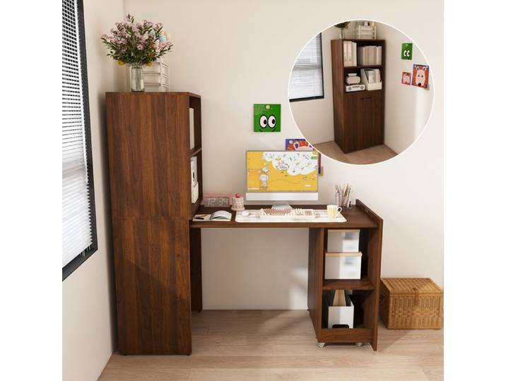 Bureau extensible avec placard de rangement Bureau pliant peu encombrant avec étagères réglables et table extensible Noyer