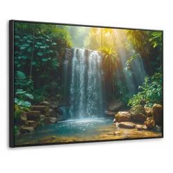 LEINWAND Bilder mit Rahmen - Wasserfall - Dschungel - Sonne - Grün - Natur - 90x60