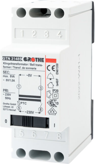 Grothe Transformateur de sonnette GTN 3148 S 8VAC 1A avec interrupteur secteur (14211)