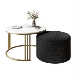 COUCHTISCH mit Hocker LORI Hochglanz gebürstetes Gold/weißer Glanz/Coral 60