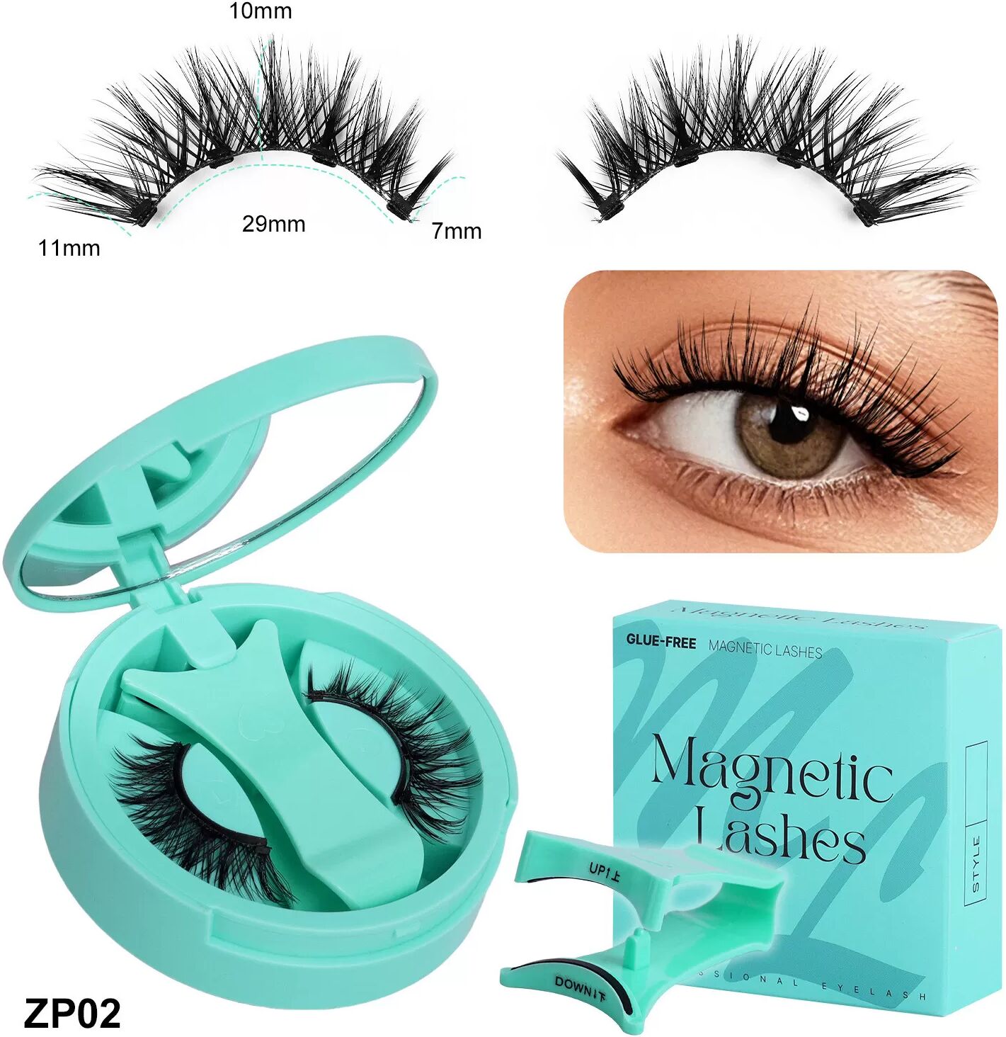 INF Ensemble de faux cils magnétiques - Boîte intégrée vert menthe Modèle 3