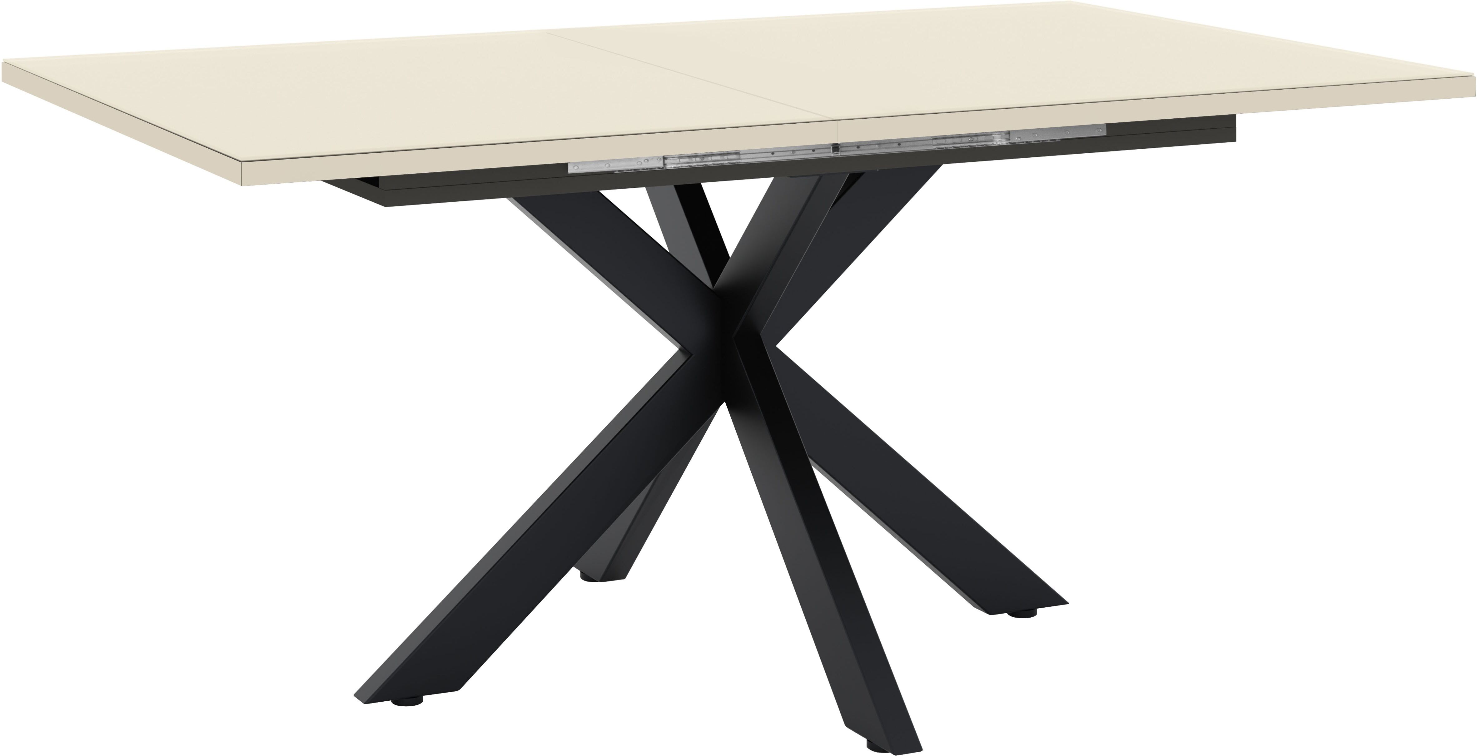 Esstisch MÄUSBACHER "Vitrum", beige (schwarz feinstruktur, glas kaschmir glanz, schwarz feinstruktur, glas kaschmir glanz), H:75cm, Tische, Esstisch, Esstisch ausziehbar auf 210 cm, eckige Tischform, Gestell Sternform schwarz feinstruktur, glas kaschmir g