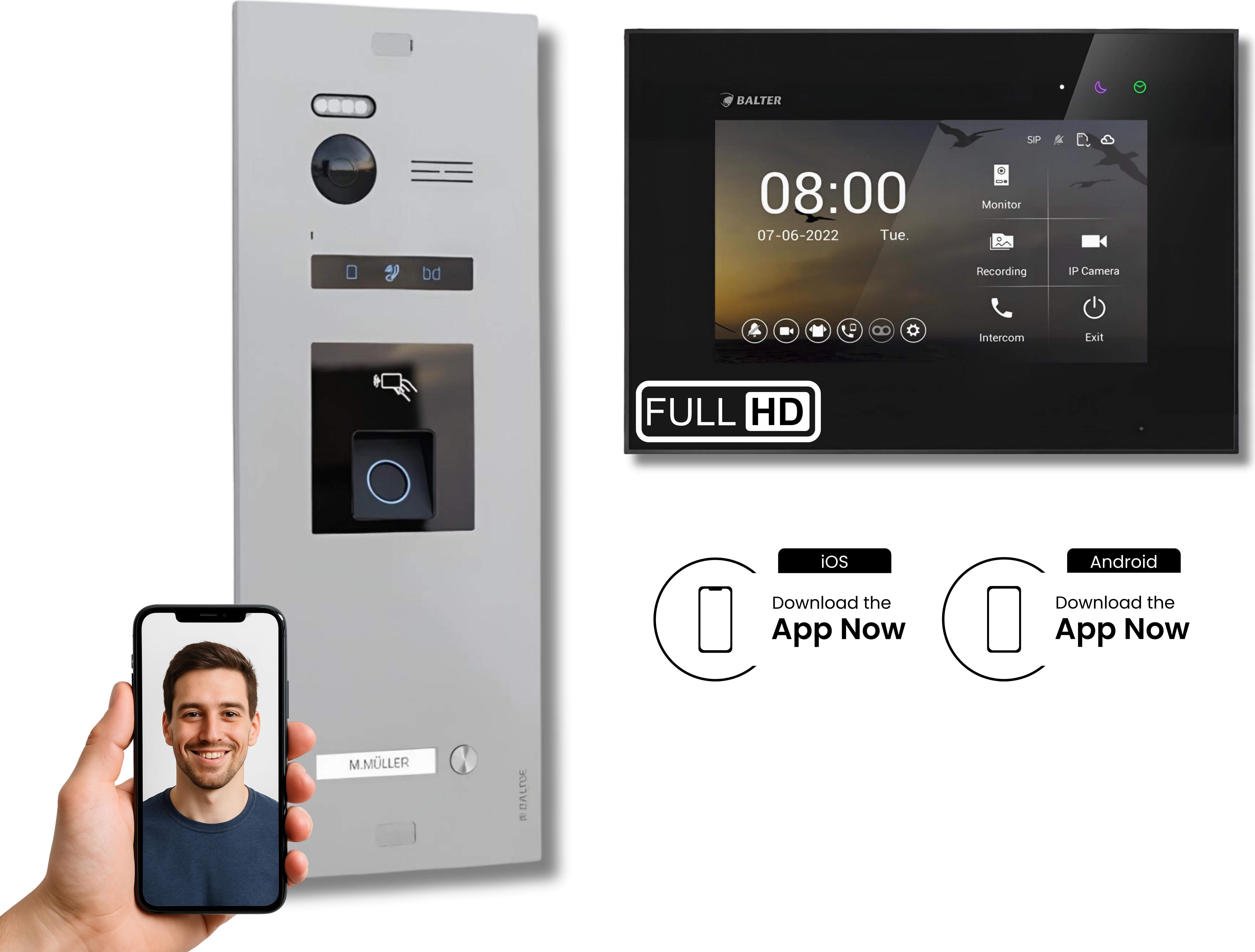 BALTER EVO HD Silber Video Türsprechanlage Fingerprint Set 1 Teilnehmer 7" WLAN Monitor Schwarz