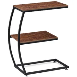 Relaxdays Beistelltisch, 2 Ablagen, C-Form, Industrial Design, Sofatisch Metall & Holzoptik, HBT: 57,5x47,5x25 cm, braun