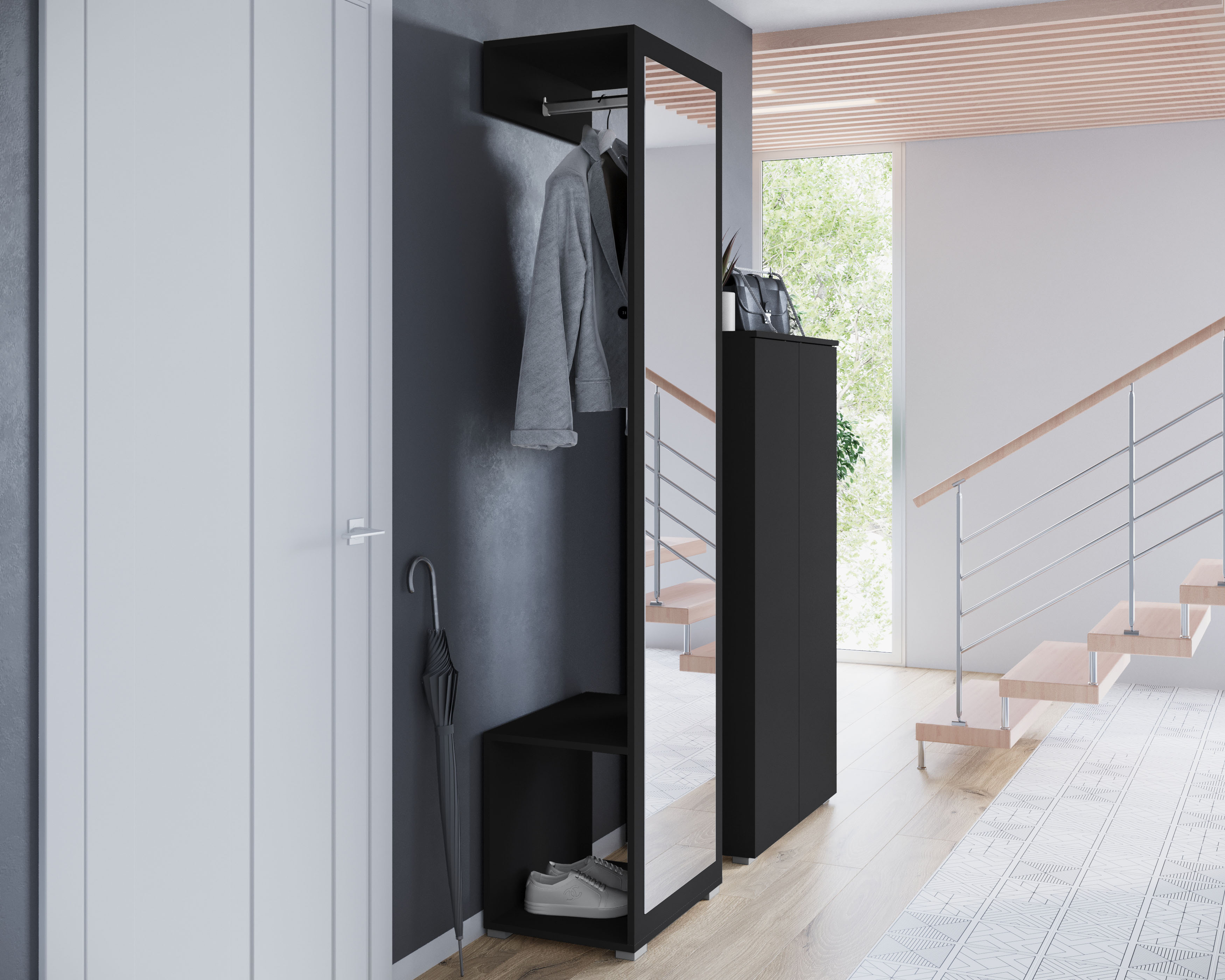 Garderobenschrank OTTO HOME "Paris", schwarz (graphite schwarz matt, graphite schwarz matt), B:50cm H:190cm T:35cm, Schränke, Garderobenschrank, moderne Garderobenschrank 190cm, mit Kleiderstange und Frontspiegel
