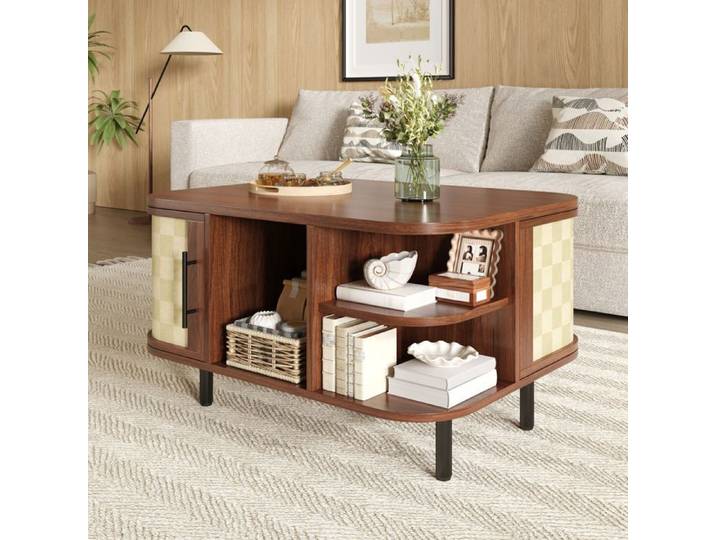Table basse ovale 80x60x47 cm 2 portes portes à texture tissée rangement salon poignées et pieds métal effet noyer MDF