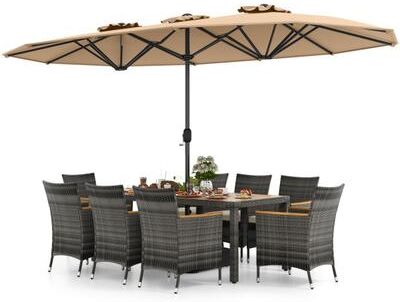 Costway 10 Pieces Patio Wicker Dining Set with 15 Feet Double-Sided Patio Umbrella-Brown