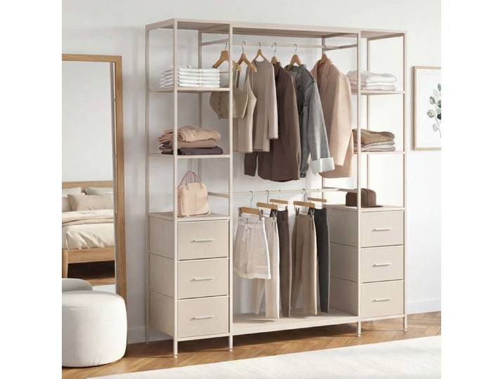 Dressing double penderie + double colonne UTAH avec 6 étagères et 6 bacs en tissu beige