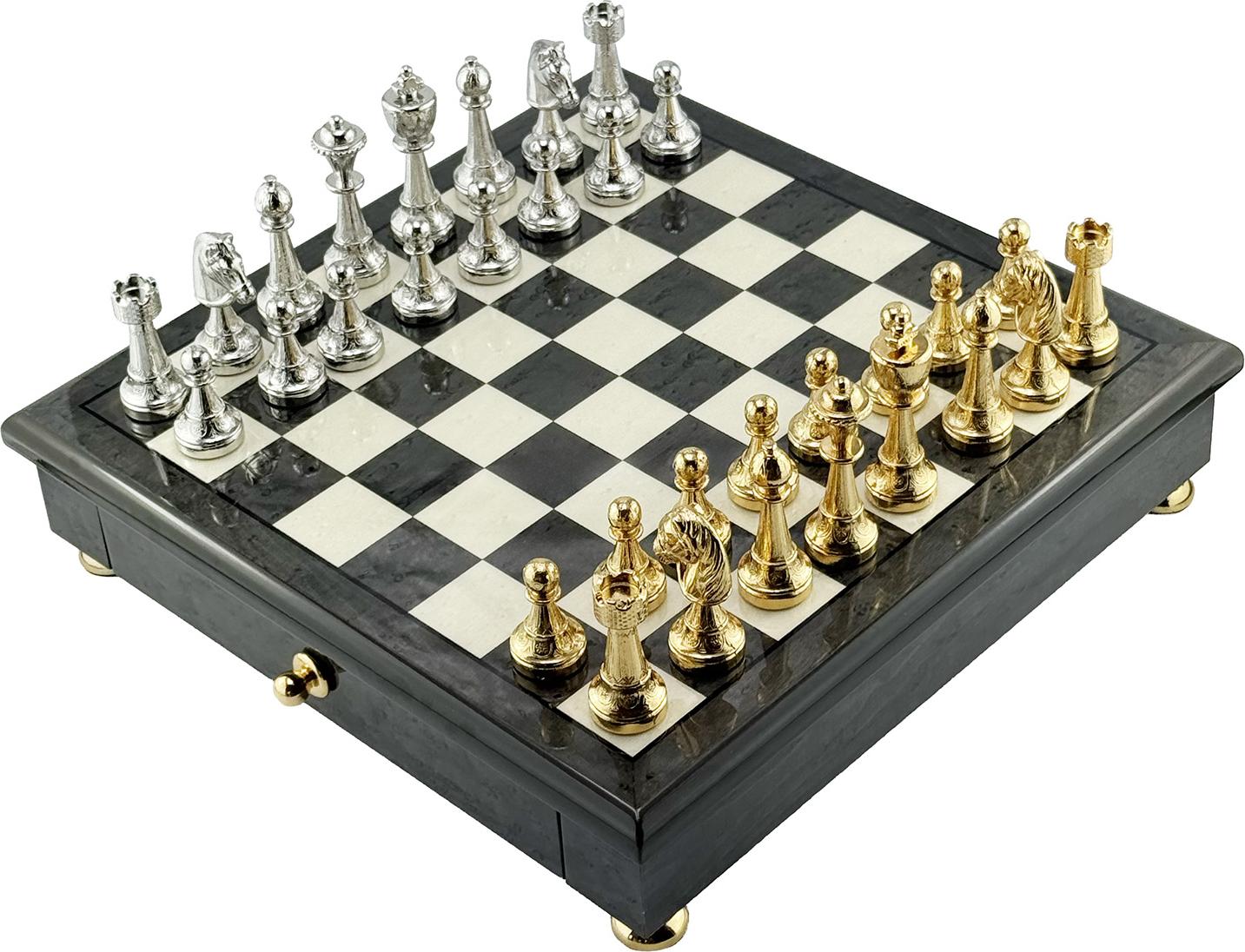 Italfama Staunton Schach 33x33cm Zink+24K Gold+Silber 925 König 7.5cm Italien