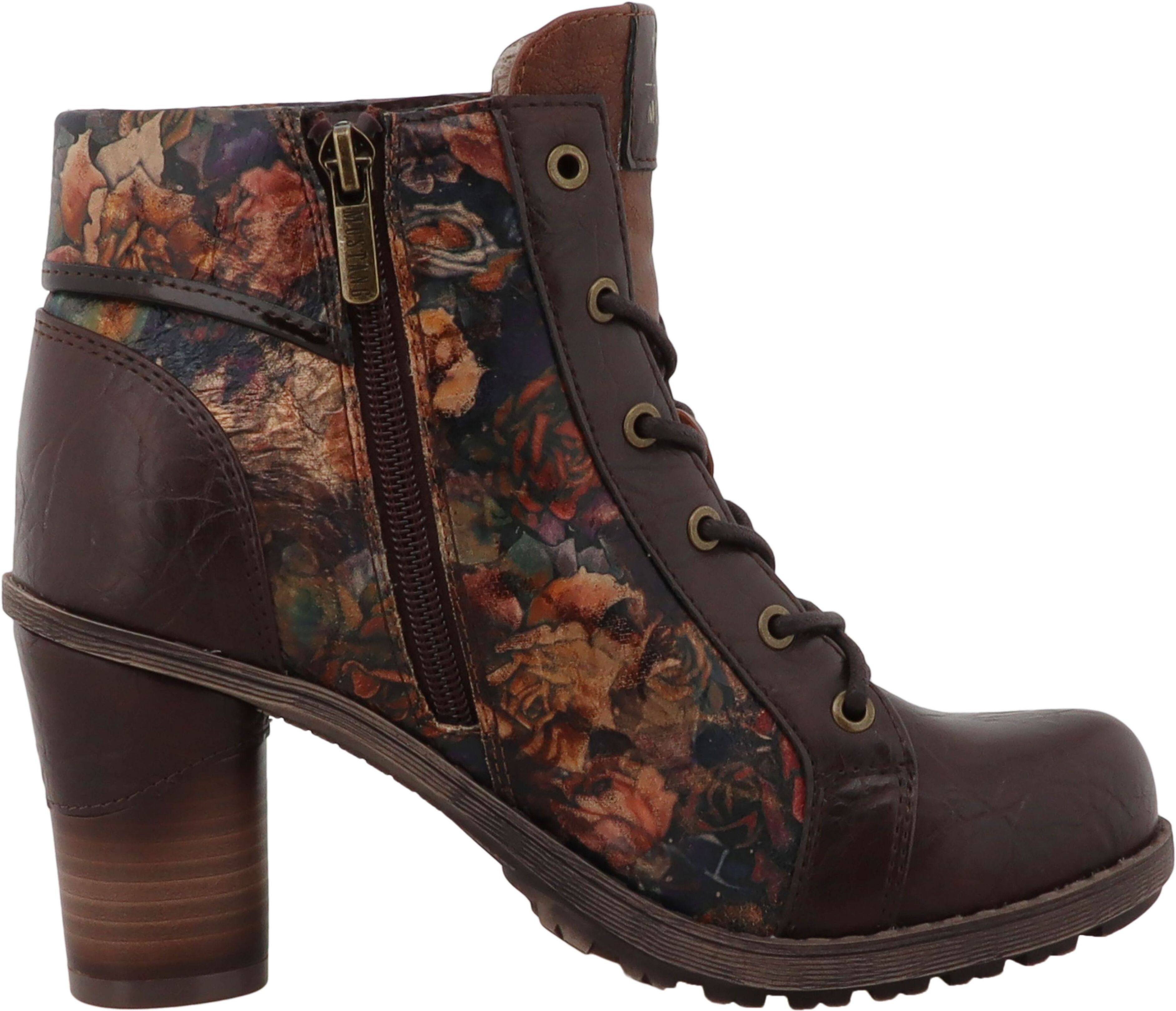 Stiefelette MUSTANG SHOES "Mode-Stiefel", Damen, Gr. 38, wärmend, braun multi, Lederimitat, Textil, Schuhe Stiefelette, Blockabsatz, Schnürboots mit umschlagbarem Kragen