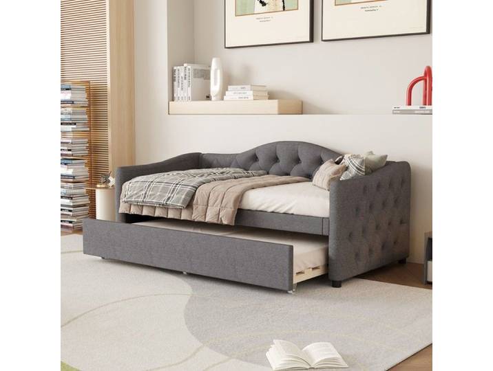 Canapé-lit convertible - PAGE LIVING - Lit canapé avec lit gigogne - 90x200 cm - Structure lin gris - Sans matelas