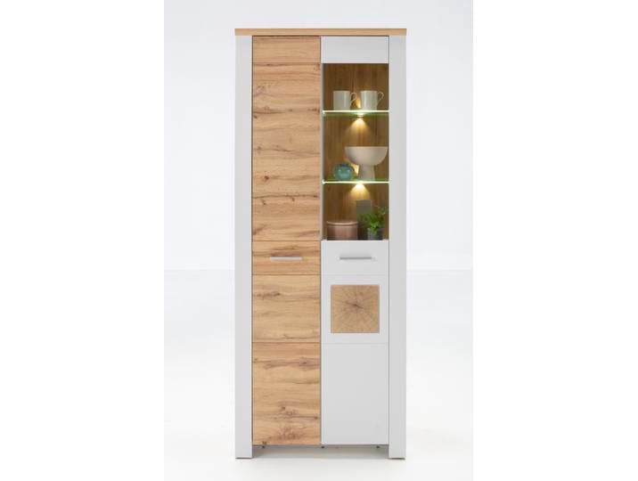 Vitrine RAMIRA 80x202 cm Weiß supermatt / Eiche Nachbildung
