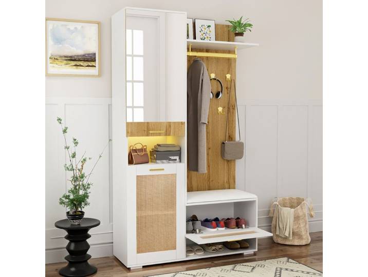 Ensemble vestiaire Maisentiel 110x38x190 cm blanc et effet bois avec miroir