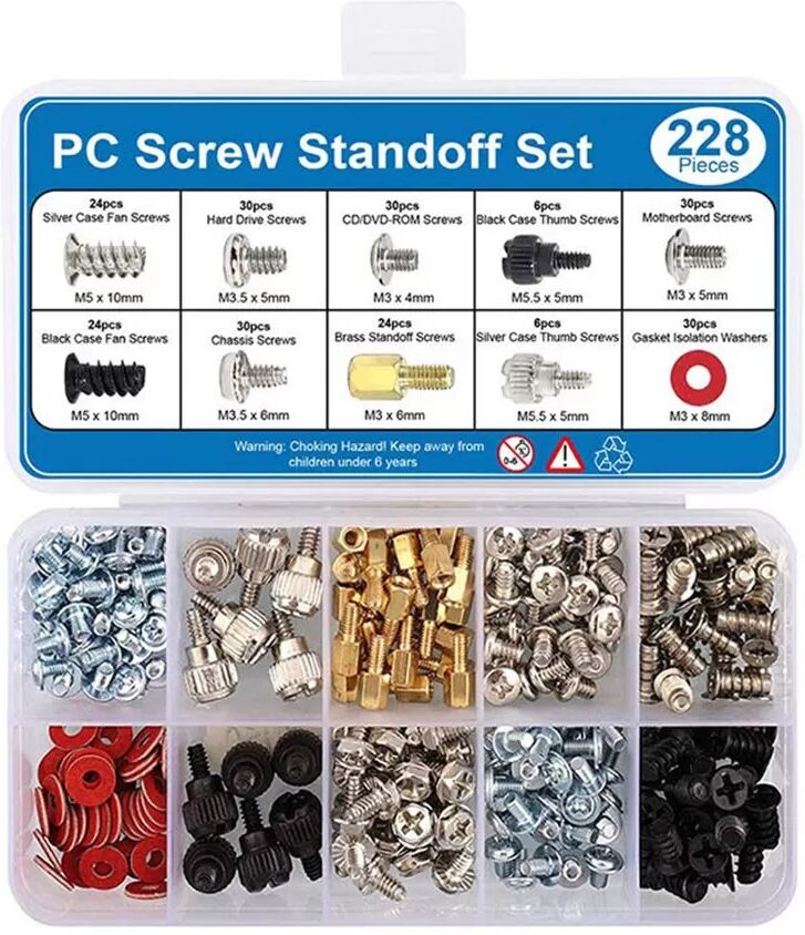 INF Kit de 228 vis pour boîtier d'ordinateur PC - Kit d'assortiment d'entretoises pour carte mère