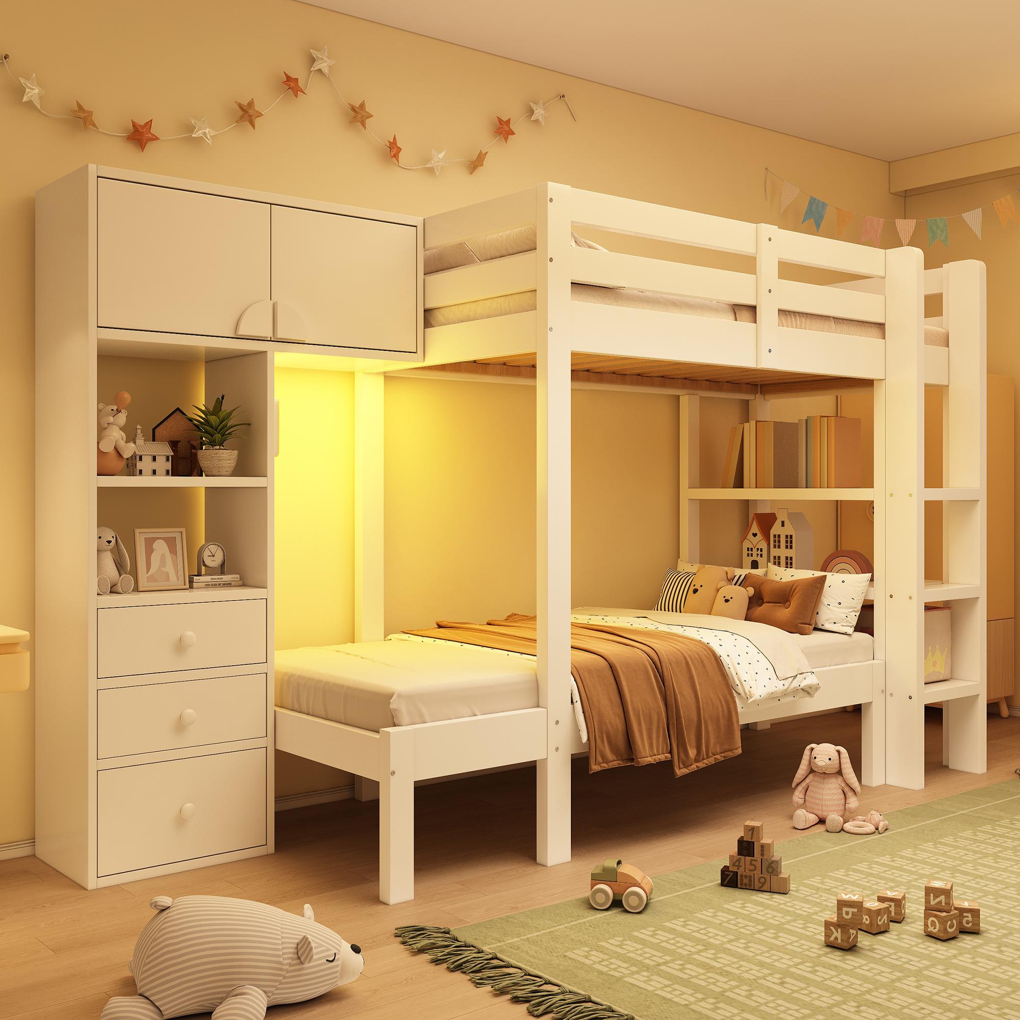 Etagenbett 90x200cm weiß mit intelligentem Nachtlicht, versetztes Design mit Schrank, Regal und Schubladen aus Massivholz und MDF