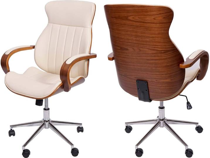 Chaise de bureau HWC-H39\, chaise de bureau chaise pivotante fauteuil de direction\, bois courbé aspect noyer similicuir FSC®- ~ crème