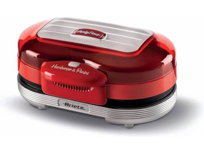 Ariete Machine à Hamburger Party Time 205\, Gril Électrique avec Deux Plaques Antiadhésives\, 2 Compartiments de Chauffage\, Facile à Nettoyer\, 1200 W\, Rouge