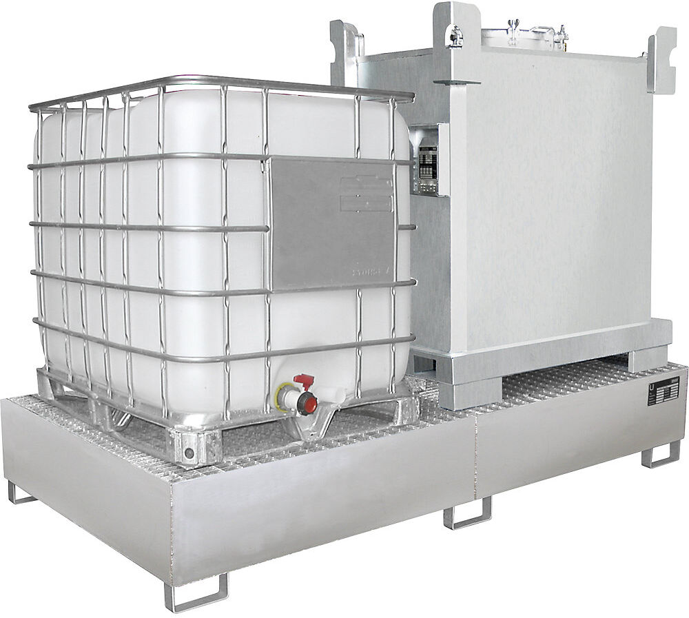 Edelstahl-Auffangwanne, für Tankcontainer, 2 IBC, LxBxH 2650 x 1300 x 435 mm eurokraft pro