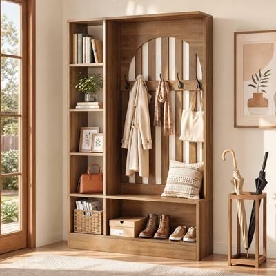 YUZHOU Hall Tree with Shoe Bench and Open Storage Shelves