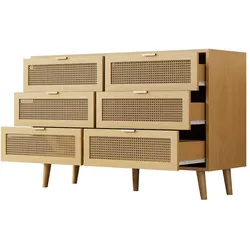 OKWISH Kommode 120x40x76 cm mit 6 Schubladen Eiche Schubladenschrank Schlafzimmer Büro Retro Design Rattanoptik