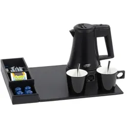 Willkommenstablett SNAP Schwarz mit Wasserkocher STAR 0,5 L Schwarz und 2 schwarze Porzellantassen